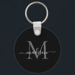 Chaveiro Script Moderno Elegante do Nome do Monograma Branc<br><div class="desc">Chaveiro de Script Moderno Elegante Elegante Monograma Branco Preto Simples</div>