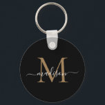 Chaveiro Script Moderno Elegante do Nome do Monograma Doura<br><div class="desc">Simples preto Monograma Dourado Elegante Chaveiro de Script Moderno Elegante</div>