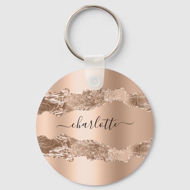 Chaveiro script rosa gold agate marble name (Frente)