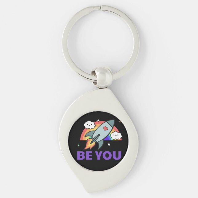 Chaveiro Seja você. Nuvem de foguete Rainbow com o coração  (Frente)