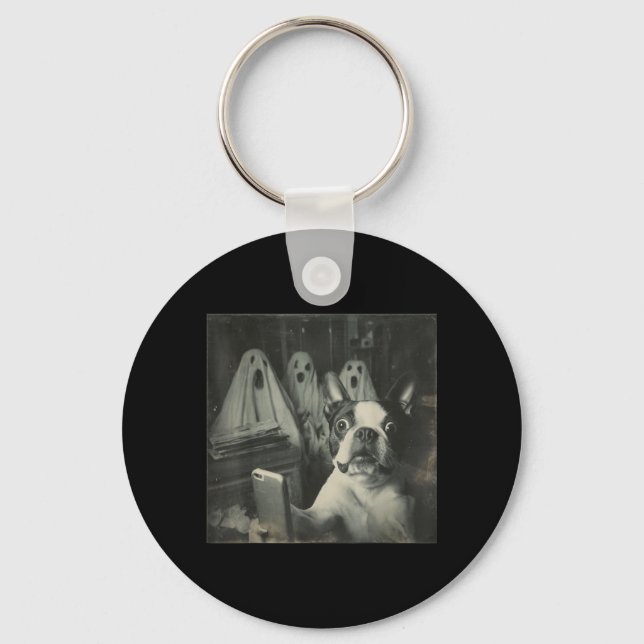 Chaveiro Selfie Engraçado de Boston Terrier com Fantasmas H (Frente)