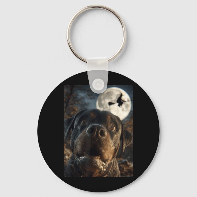 Chaveiro Selfie Engraçado de Rottweiler Lua Cheia Bruxa Voa (Frente)