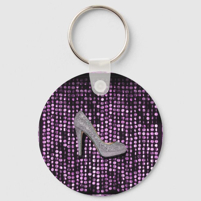 Chaveiro Sequins calçado de alto salto prateado roxo (Frente)