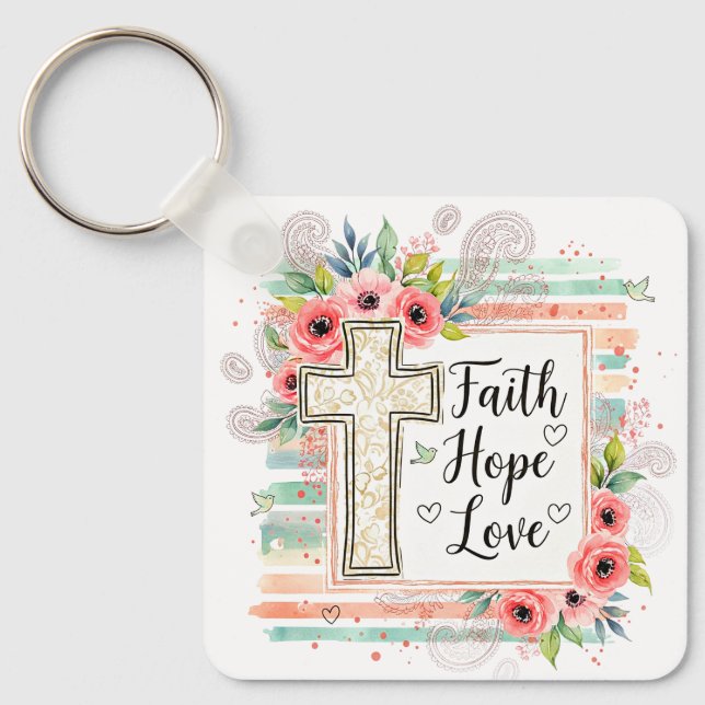 Chaveiro Shabby Chic floral Fé Esperança Amor (Frente)