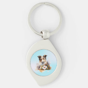 Chaveiro Shetland Sheepdog Puppy Pet Watercolor Fllower