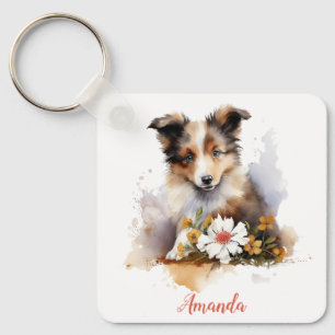 Chaveiro Shetland Sheepdog Puppy Pet Watercolor Fllower