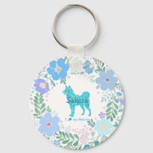 Chaveiro Shiba Inu Personalizado - Flor Azul Pastel