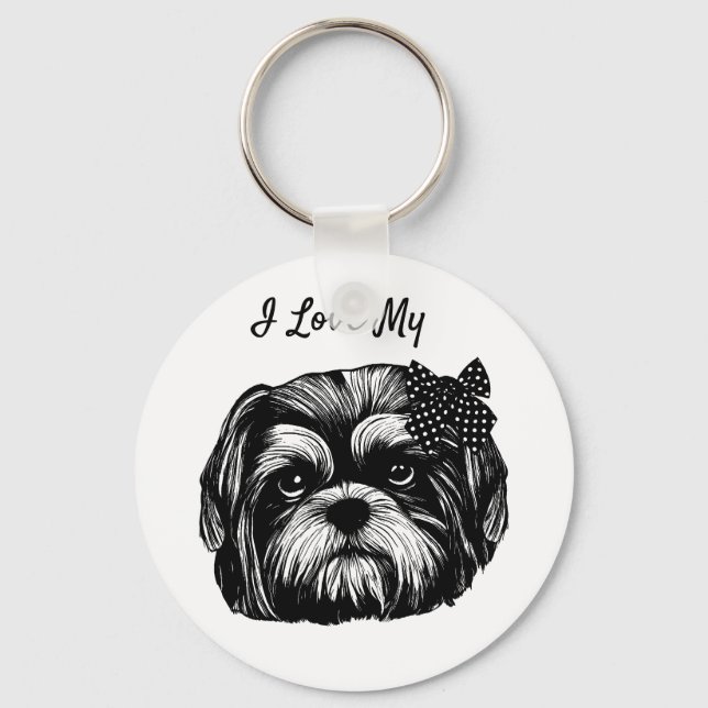 Chaveiro Shih Tzu cão com bolinhas arco Arte Original (Frente)