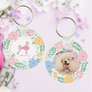 Chaveiro Silhueta de Poodle Rosa Pastel com Grinalda de Flo