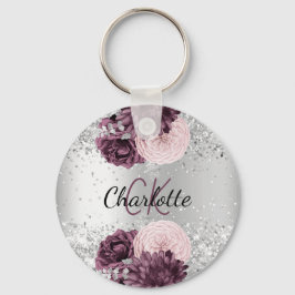 Chaveiro Silver burgundy florals nome elegante