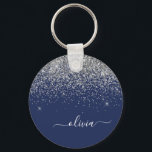 Chaveiro Silver Navy Blue Glitter Girly Monogram Name<br><div class="desc">Navy Blue and Silver Sparkle Glitter Script Monogram Name Keychains (Key Chain). This makes the perfect sweet 16 birthday,  wedding,  bridal shower,  anniversary,  baby shower or bachelorette party gift for someone that loves glam luxury and chic styles.</div>