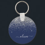Chaveiro Silver Navy Blue Glitter Girly Monogram Name<br><div class="desc">Navy Blue and Silver Sparkle Glitter Script Monogram Name Keychains (Key Chain). This makes the perfect sweet 16 birthday,  wedding,  bridal shower,  anniversary,  baby shower or bachelorette party gift for someone that loves glam luxury and chic styles.</div>