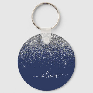 Chaveiro Silver Navy Blue Glitter Girly Monogram Name