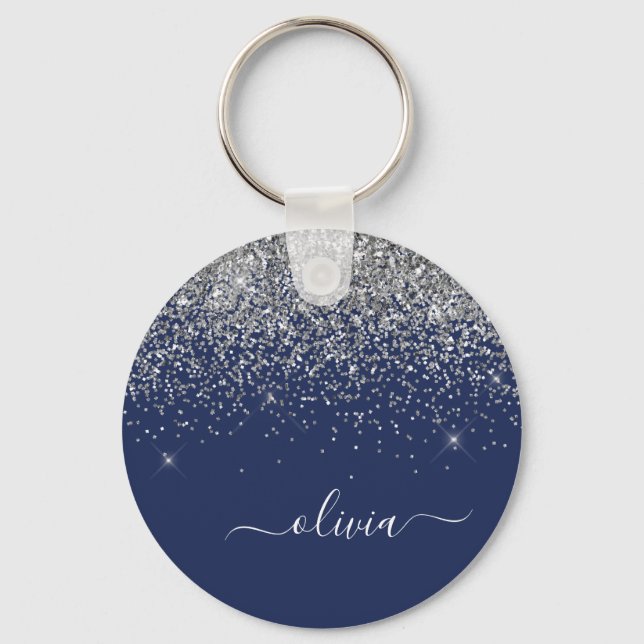Chaveiro Silver Navy Blue Glitter Girly Monogram Name (Frente)