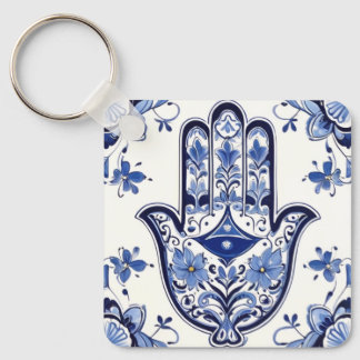 Chaveiro Símbolo de Mão de Hamsa - Mão Azul e Branca de Fát
