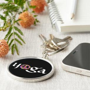 Chaveiro Símbolo de Paz de Yoga Floral em Preto