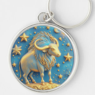 Chaveiro Símbolo de Touro Dourado em Círculo Azul