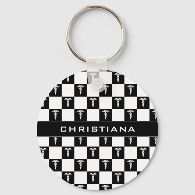 Chaveiro Símbolo médico branco e preto personalizado Caduce (Frente)