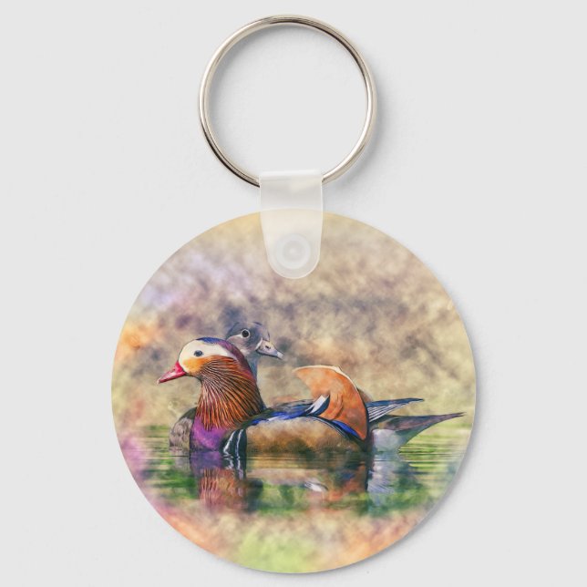 Chaveiro Símbolo Watercolor Mandarin Ducks Feng Shui (Frente)