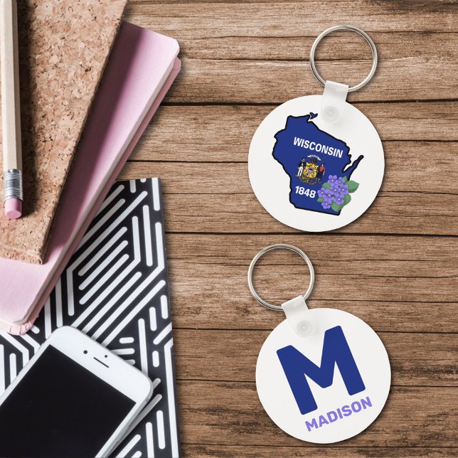 Chaveiro Sinalizador Wisconsin e Flor Azul Violeta Nome Per (Criador carregado)