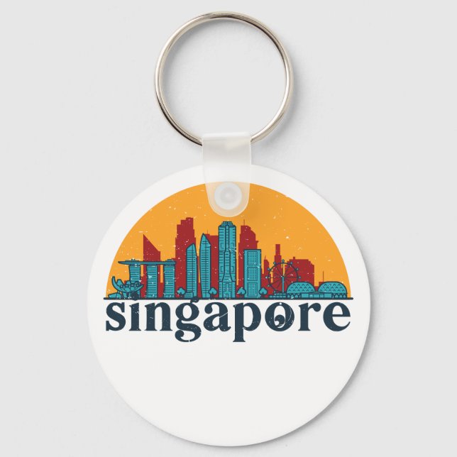 Chaveiro Singapura - Retro City Skyline Cityscape Art (Frente)