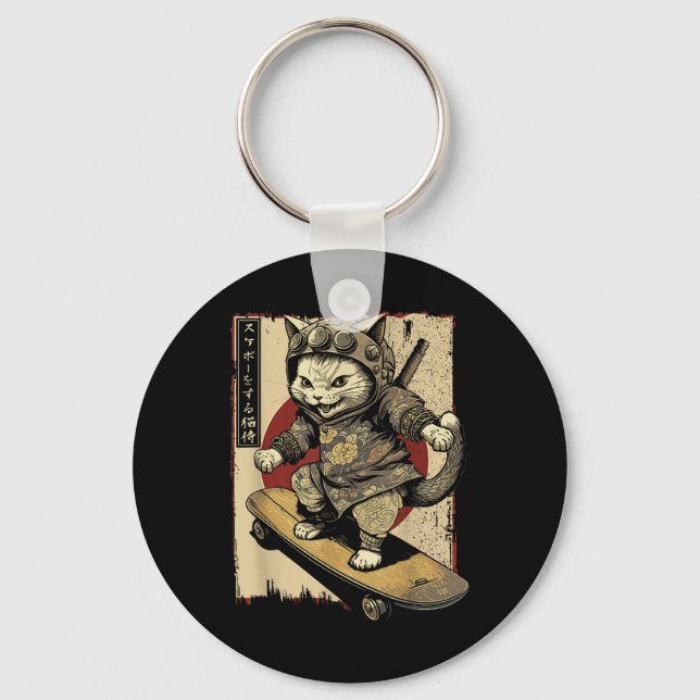 Chaveiro Skateboard Samurai Cat Tattoo Kawaii Ninj (Frente)