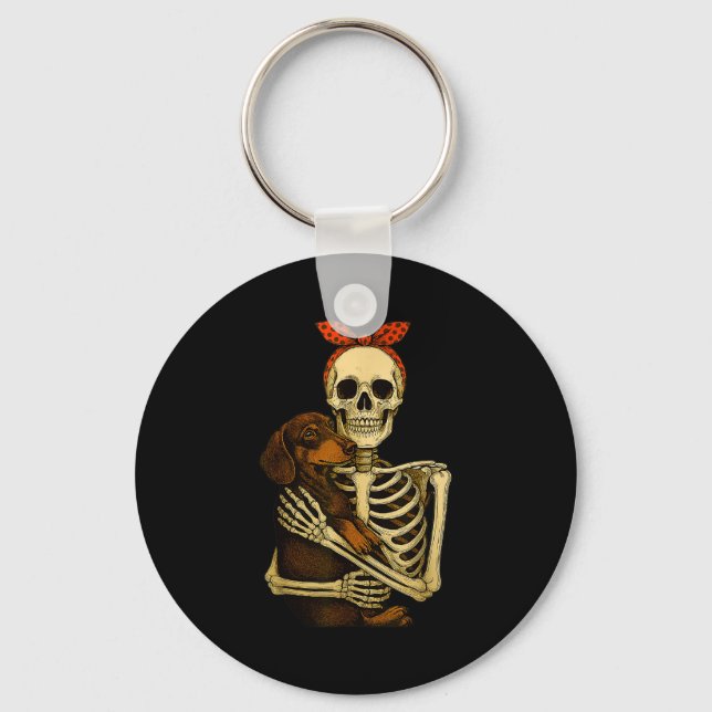 Chaveiro Skeleton Holding Dachshund Dog Funny Lazy Hallowee (Frente)