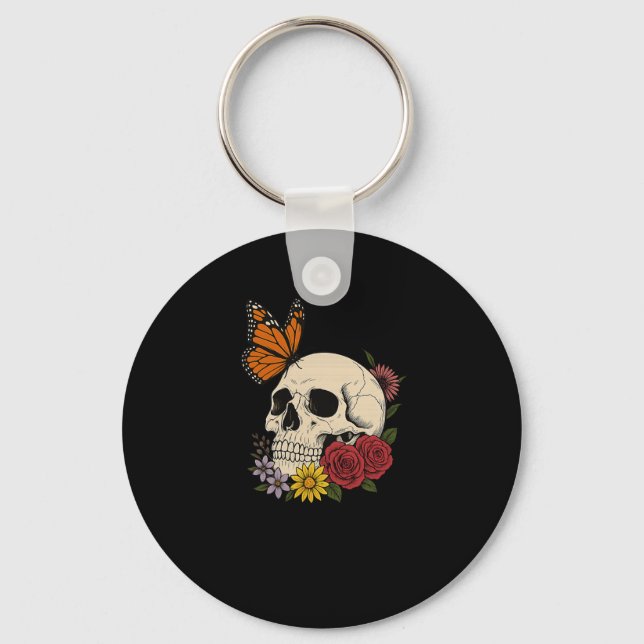 Chaveiro Skulls Monarch Butterfly Flowers Halloween Men Wom (Frente)