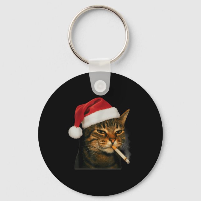Chaveiro Smoking Cat Cigarette Christmas Santa Hat Cat Meme (Frente)
