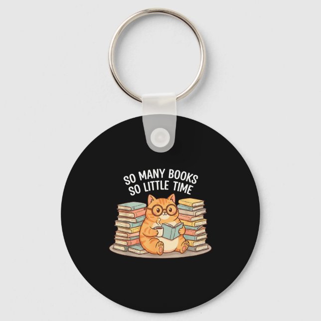 Chaveiro So Many Books Little Time Cat With Coffee  (Frente)