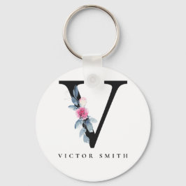 CHAVEIRO SOFT BLUSH BLUE FLORAL ALPHABETS NAME LETTER V