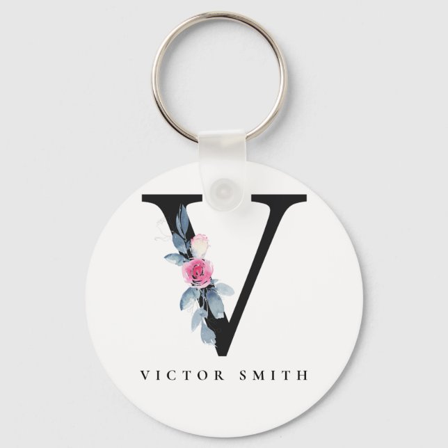 CHAVEIRO SOFT BLUSH BLUE FLORAL ALPHABETS NAME LETTER V (Frente)