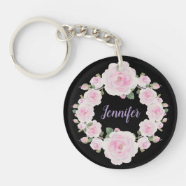 Chaveiro Soft Pink Roses Wreath Name Round Acrylic Keychain