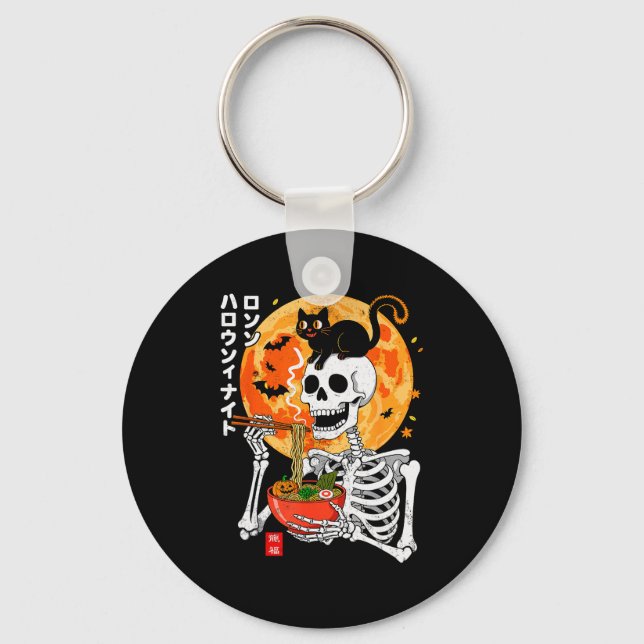 Chaveiro Soky Skeleton Eating Ramen Bowl With Cat Halloween (Frente)