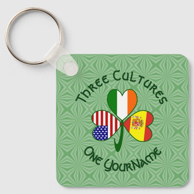 Chaveiro Spain Ireland USA Flags Shamrock Your Name (Frente)