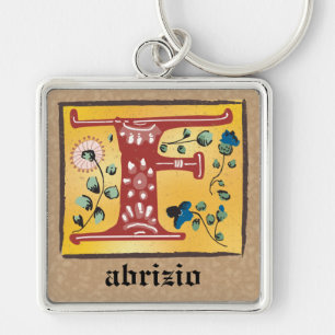 Chaveiro Square Medieval Floral Illuminated F Monogram