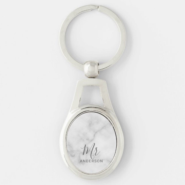 Chaveiro Sr. e Sra. | Casamento de Script Moderno de Marble (Frente)