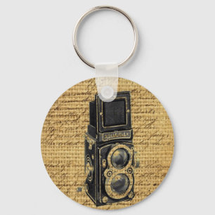 Chaveiro steampunk vintage scripts burlap antiga câmera