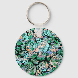 Chaveiro Stencil Floral em Verde e Pêssego