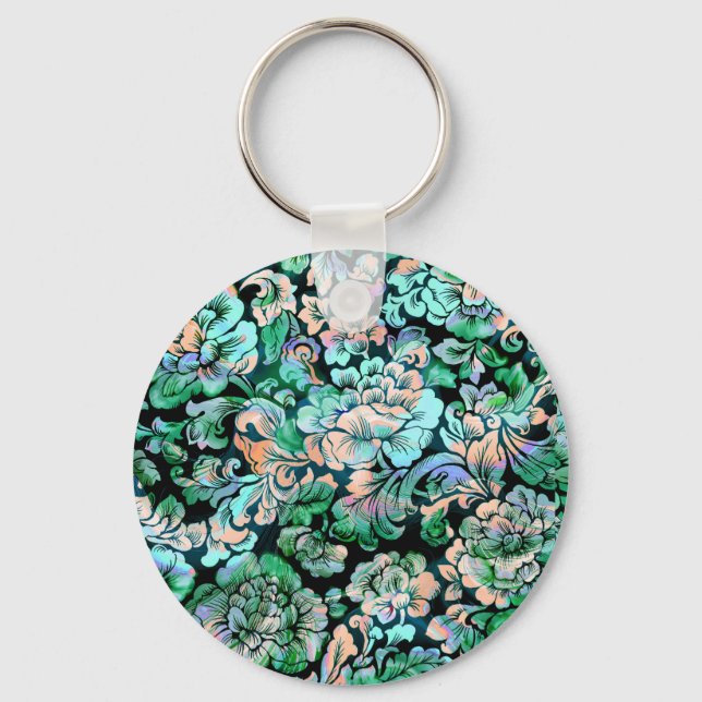 Chaveiro Stencil Floral em Verde e Pêssego (Frente)