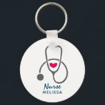 Chaveiro Stylish Gray Nursing Stethoscope Illustration<br><div class="desc">A personalized keychain with "Nurse" written in a cool script font.  A little pink heart and a simple gray stethoscope illustration.</div>