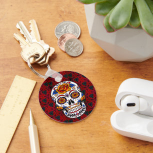 Chaveiro Sugar Skull Red Floral Cinco de Mayo Nome Feriado