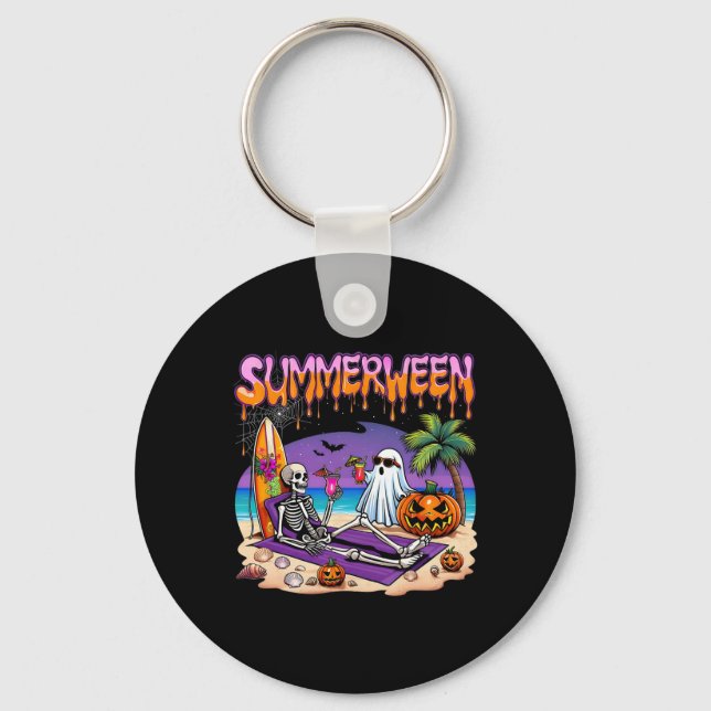 Chaveiro Summerween Skeleton Ghost Beach Funny Spooky Hallo (Frente)