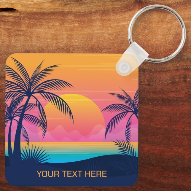 Chaveiro Sunset da Ilha Tropical de Texto Personalizado (Verso)