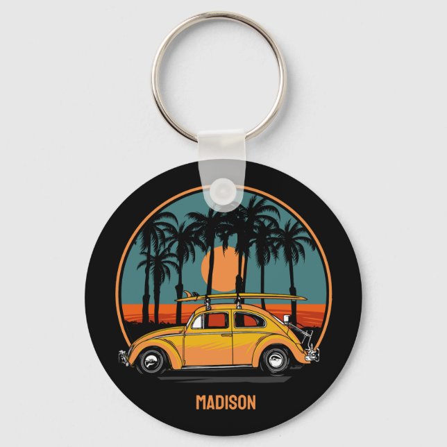 Chaveiro Sunset de Surfer Tropical de Texto Personalizado (Frente)
