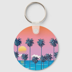Chaveiro Sunset Tropical: Ilustração de Praia Vintage