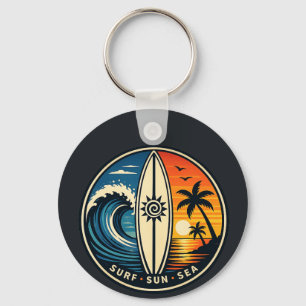 Chaveiro Surf Sol Mar Crachá Vintage – Onda do Pôr do Sol d