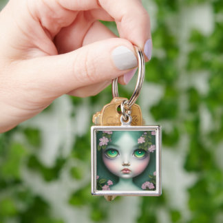 Chaveiro Surrealismo Pop Personalizado Olhos Verdes Flores 