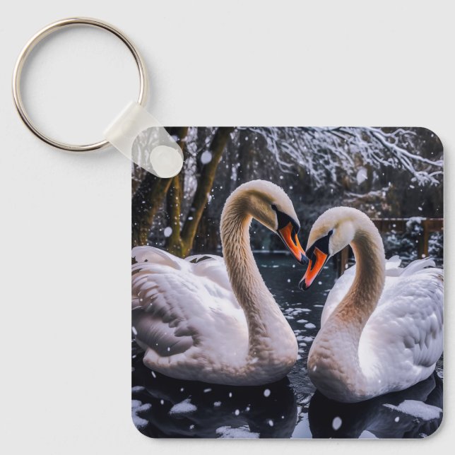 Chaveiro Swans Românticos em uma Terra Maravilha de inverno (Frente)