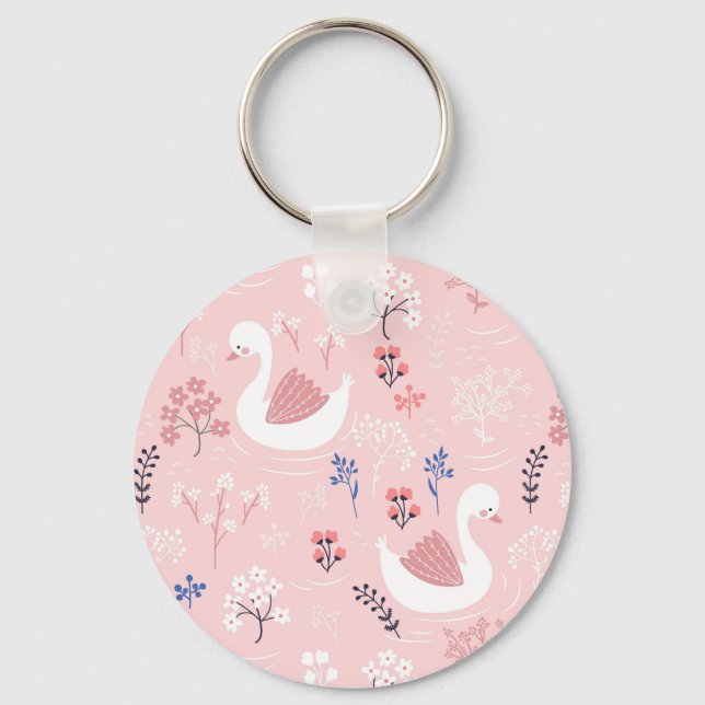 Chaveiro Sweet White Swans On Pastel Pink Floral Ballet (Frente)
